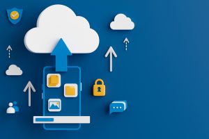 3d rendering concept cloud computing technology with smartphone, arrow sign and icons.