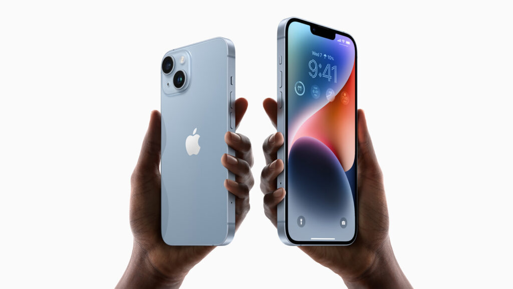 Two Apple iPhone 14s. One facing forward and one facing back