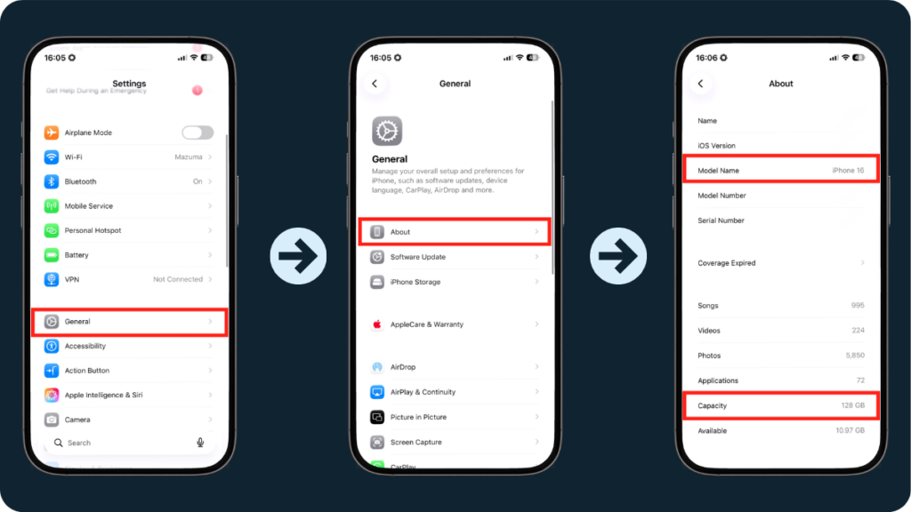 iOS steps to find the model of your phone