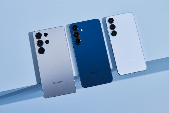 3 samsung phones in a row on a blue background